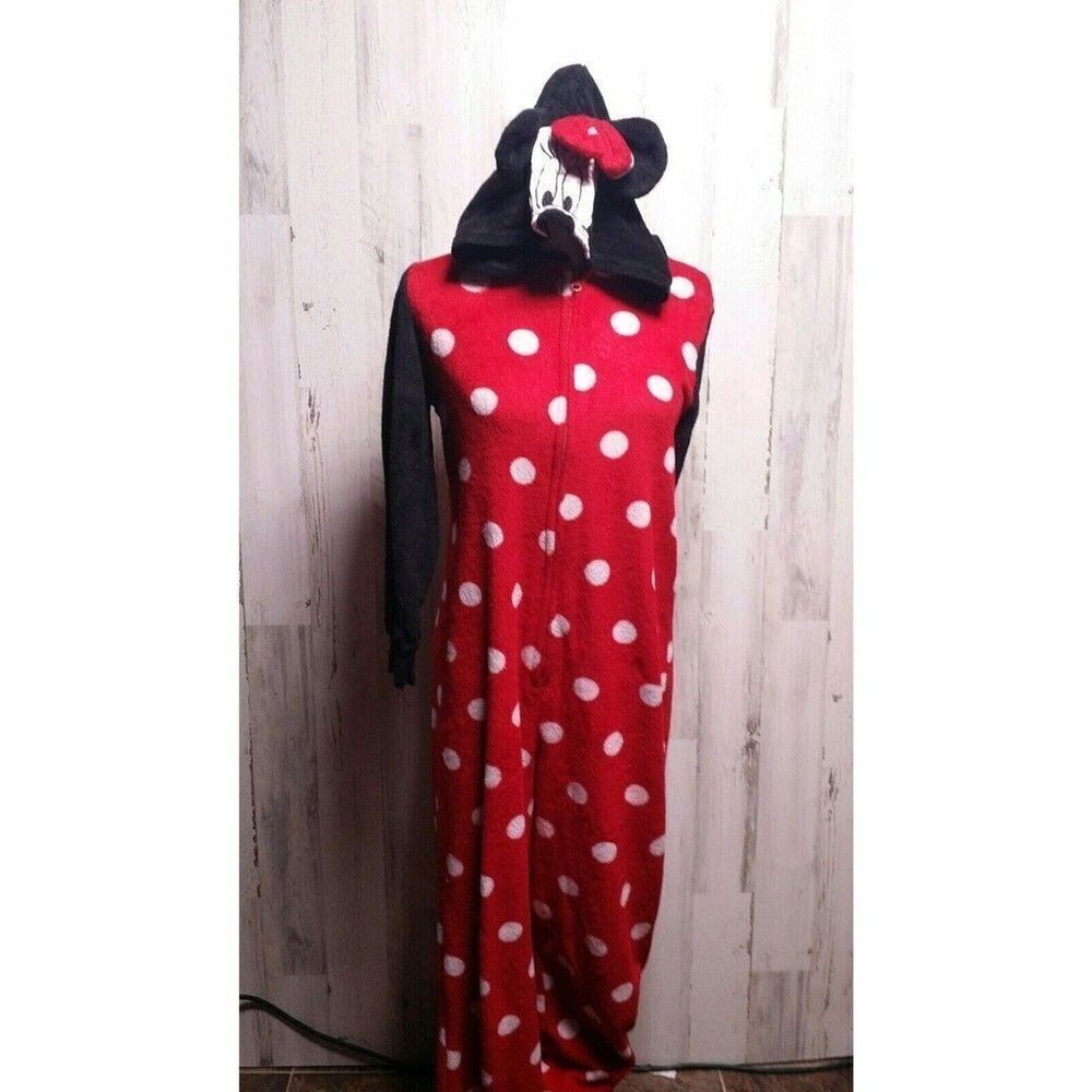 Disney Minnie Mouse Womens Pajamas Size Medium 8/10 Full Length Zip Up Hooded